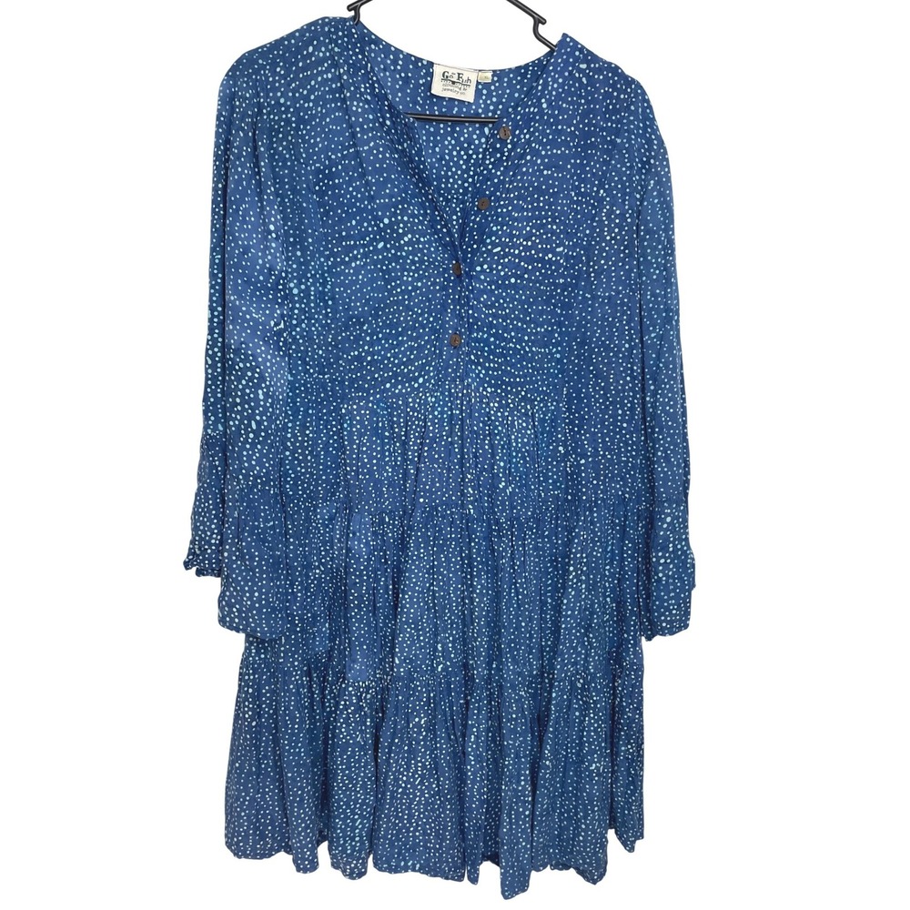Go Fish Women Dress Tiered Polka Dot Bell Sleeve XL Blue Boho Peasant Mini Indie